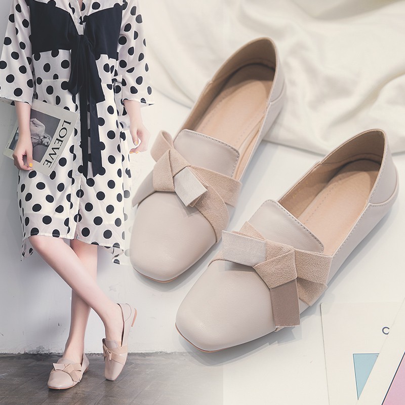Giày mọi/Giày nữ, họa tiết hình nơ, đế bằng, phong cách Hàn Quốc, mẫu mới hè này, dễ kết hợp, phù hợp cho mùa hè