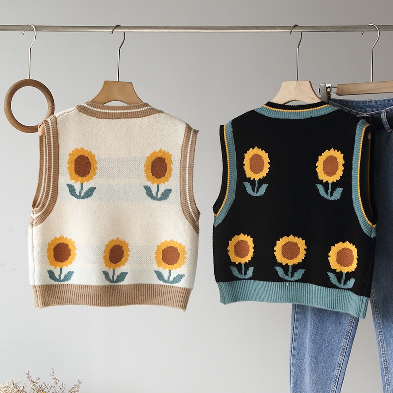 Sleeveless sweater women's sunflower pattern V-neck