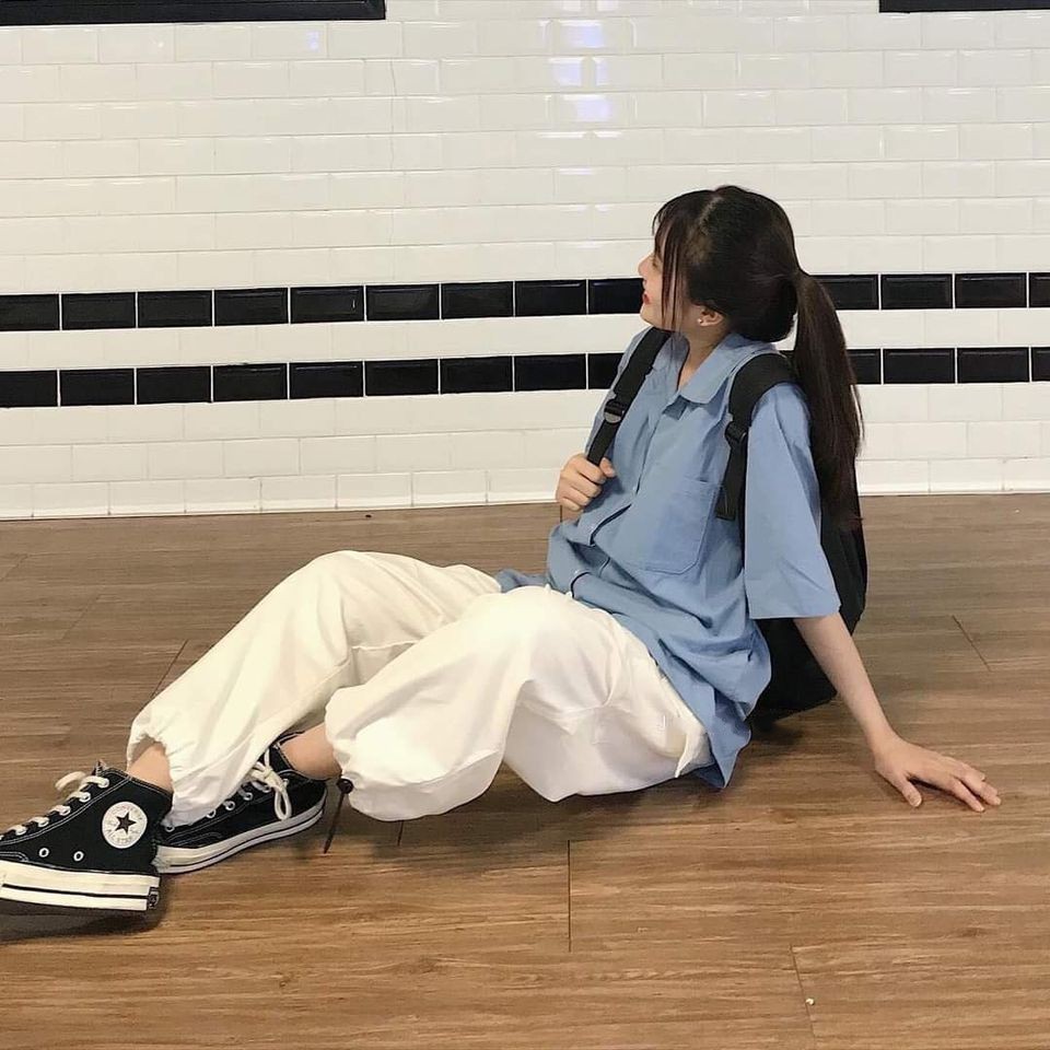 Áo sơ mi nữ cổ bẻ tay lỡ dáng ulzzang freesize form rộng unisex TRƠN MÀU XANH DƯƠNG