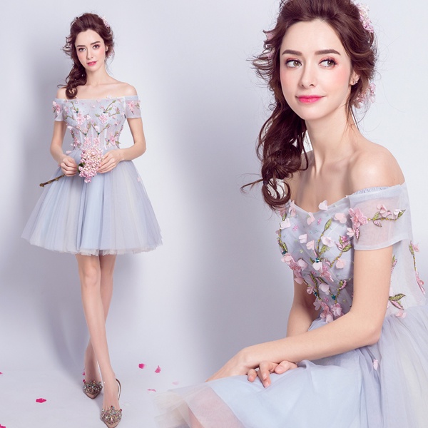 ▤▨Cánh hoa Pha lê Cổ tích Vẻ đẹp Tuổi giảm Màu xanh nhạt Màu xám Phù dâu Tiệc cưới Bữa tiệc hàng năm Hiệu suất tiệc nhỏ
