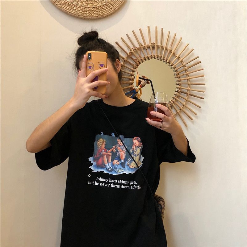 Áo thun tay ngắn cổ tròn dáng rộng in họa tiết phong cách mùa hè Hàn Quốc trẻ trung cho nữ