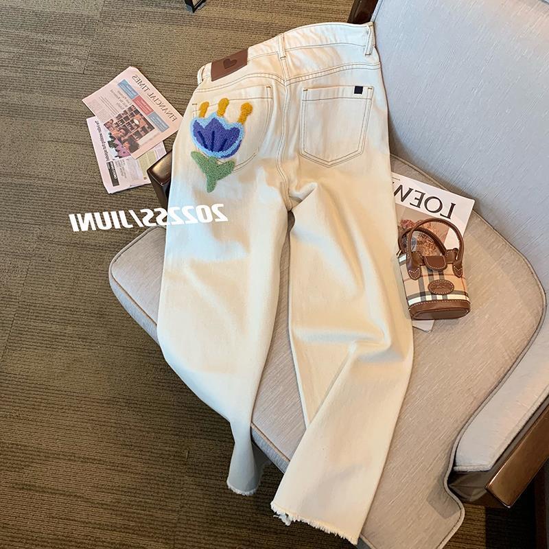●☃㍿Quần Jean Dài Ống Rộng Lưng Cao Thêu Họa Tiết Thời Trang Mùa Hè Phong Cách Retro Mới Cho Nữ