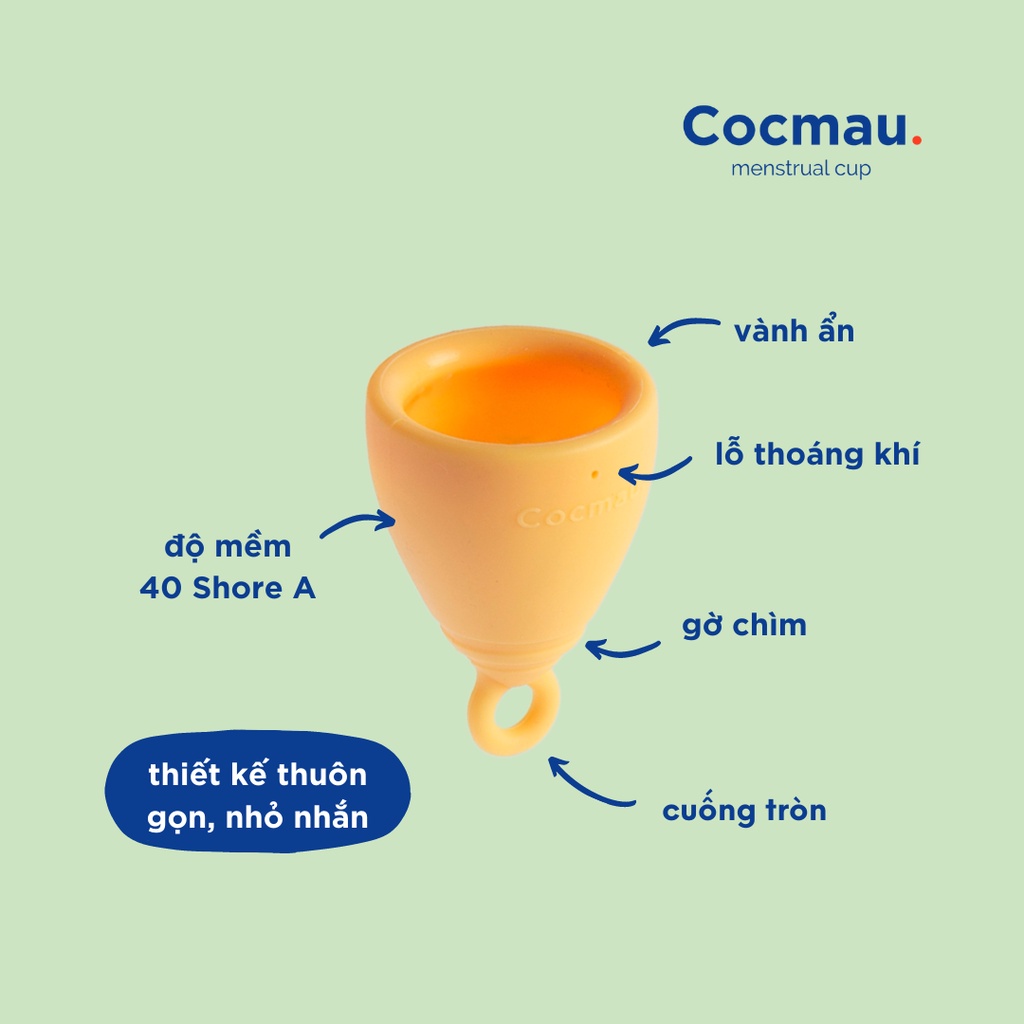 Cốc nguyệt san cải tiến Cocmau - Xanh Bạc hà - Cuống tròn dễ tháo - Thiết kế vành ẩn nhỏ gọn - 100% silicone y tế