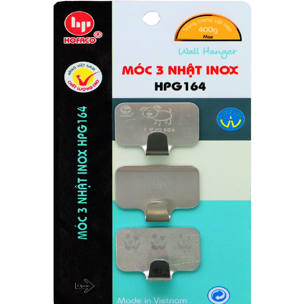 Móc treo dính tường inox cao cấp HOFACO - Móc 3 nhật inox HPG164 – Móc dán dính tường tiện lợi, đa năng