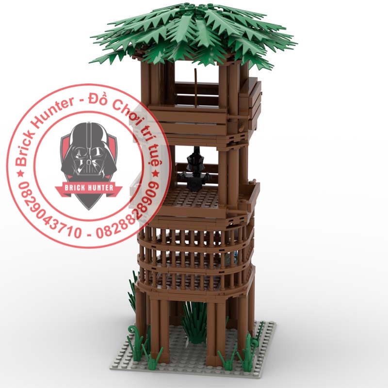 Army Moc trung cổ bộ đồ chơi lâp ráp Mô hình Tháp Canh phòng thủ bằng gỗ có mái lá xanh