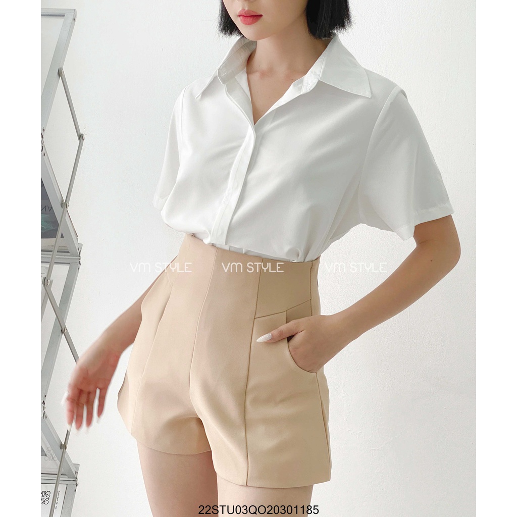 Quần short nữ VMSTYLE gấp li túi kiểu cạp cao ống rộng thời trang phối khóa kéo-9960- STU00038