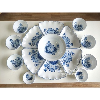 Bộ bát đĩa cúng hoa mặt trời vẽ sen kẻ viền xanh lam đk 48cm, bát thuyền bày gà cúng, sx Bát Tràng, bảo hành vận chuyển.