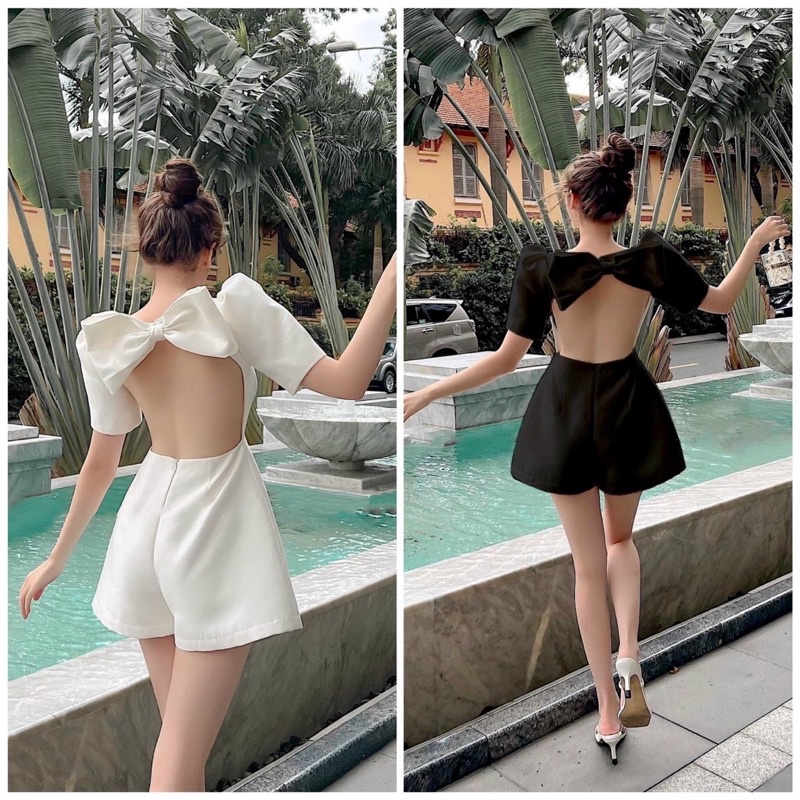JUMSUIT CỔ VUÔNG HỞ LƯNG PHỐI NƠ 2 MÀU