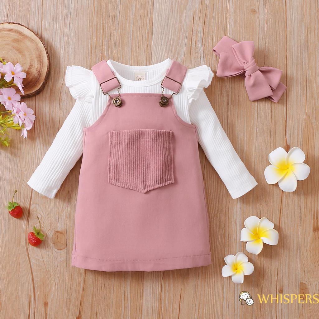 Bộ áo liền quần cổ tròn tay dài màu sắc ngọt ngào + váy yếm + băng đô cài tóc cho bé gái