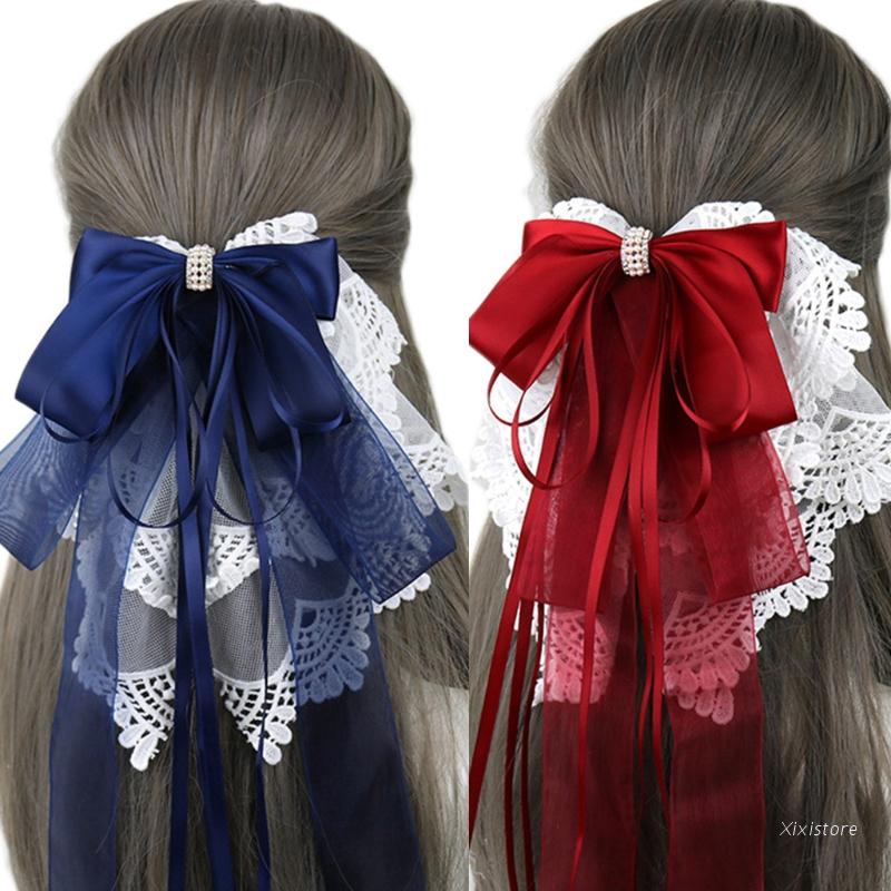 XIXI Kẹp tóc nơ ren thêu họa tiết phong cách lolita xinh xắn