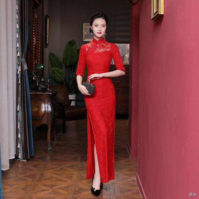 ◕Đêm Thượng Hải cổ điển sàn diễn thời trang dài tay áo ren sườn xám biểu trên sân khấu cải tiến khe cao thanh lịch
