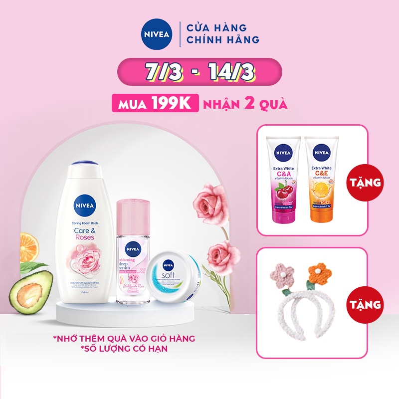 Bộ sữa tắm Rose dưỡng ẩm và ngăn mùi NIVEA: Sữa tắm NIVEA 750ML, Lăn ngăn mùi Hokkaido 40ML &amp; Kem dưỡng ẩm 50ML