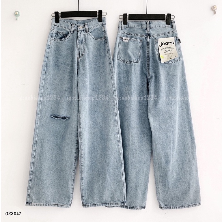 Quần Ống Rộng Suông Nữ Lưng Cao Vải Jeans Rách Gối Mã 3047 - Nabishop1234 (ẢNH THẬT KÈM VIDEO) | BigBuy360 - bigbuy360.vn