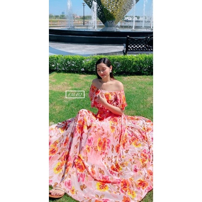 ĐẦM MAXI VOAN HOA ĐỎ CAM TRỄ VAI VÁY XOÈ DÀI