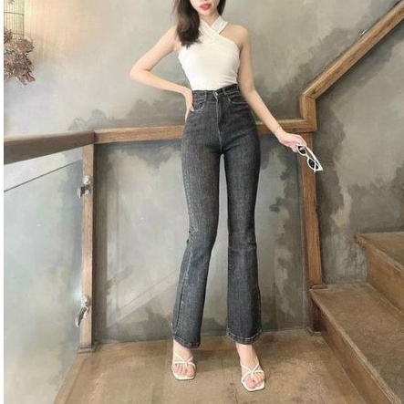 Quần jeans FOREVER 21 denim ống loe dài lưng cao màu xám khói