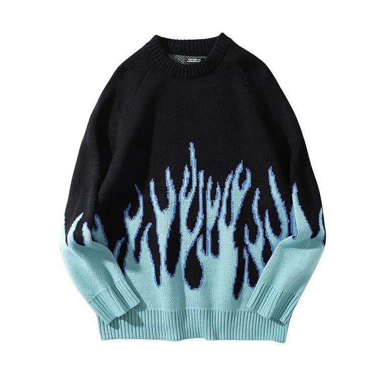 (A240) Áo len sweater oversize họa tiết ngọn lửa blue flame (kèm ảnh thật)