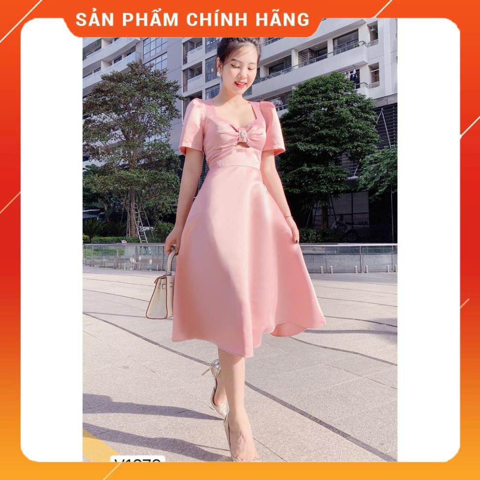 Váy Tapta Hồng Xòe Cổ Tim, Cup Ngực, Tag Đá - Váy Công Sở, Dự Tiệc, Hàng Ngày - CM - 1676