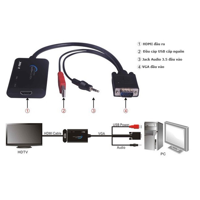 [siêu rẻ] Cáp chuyển VGA-HDMI, truyền tín hiệu từ PC sang màn hình TV [shop yêu thích]