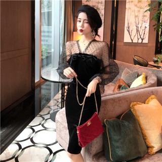 Váy nhung body nơ ngực tay lưới bồng