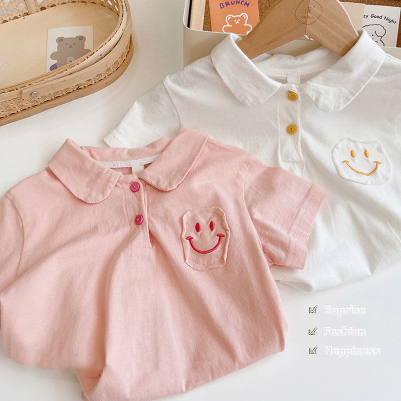 [Babycat] Hàng Có Sẵn Áo Thun POLO Cotton Mỏng Tay Ngắn In Hình Mặt Cười Màu Trơn Phong Cách Nhật Bản Hàn Quốc Thời Trang Mùa Hè Dành Cho Bé Trai Bé Gái