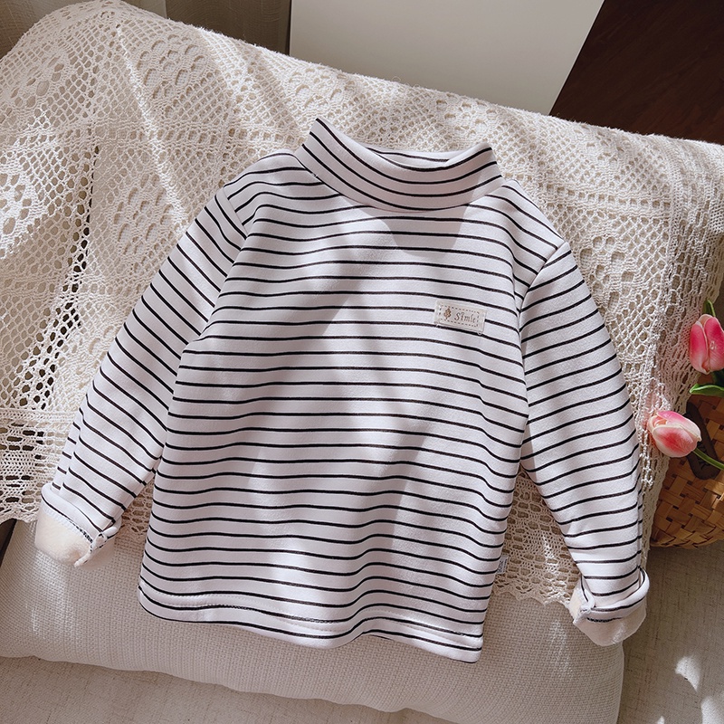 Áo thun cổ cao lót vải nhung họa tiết kẻ sọc ngang thời trang cho bé