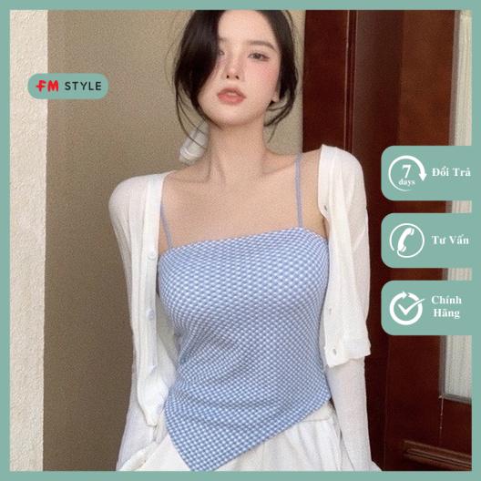 Áo thun nữ 2 dây FM Style dáng yếm sọc ngang chéo tà phối hoạ tiết caro phong cách sexy Hàn Quốc 205250119