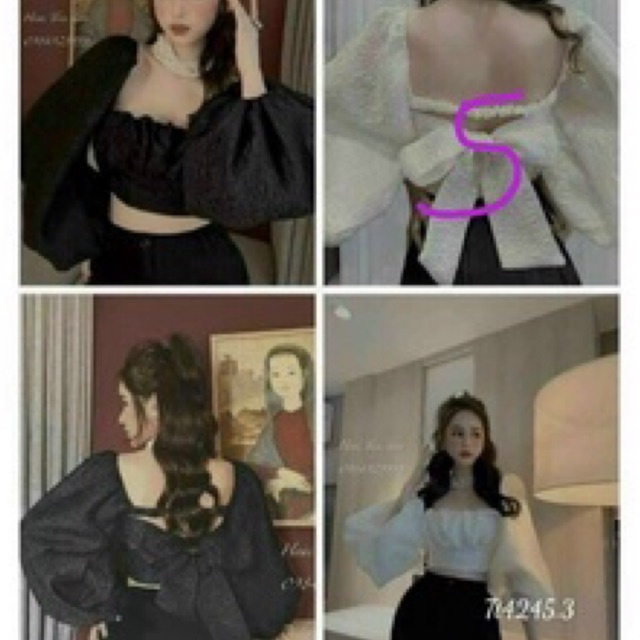 [Trang-Đen] Áo kiểu croptop xốp vân nổi tay phồng kèm lót ngực xịn xò siêu đẹp Ảnh thật chụp cận chất vải cuối