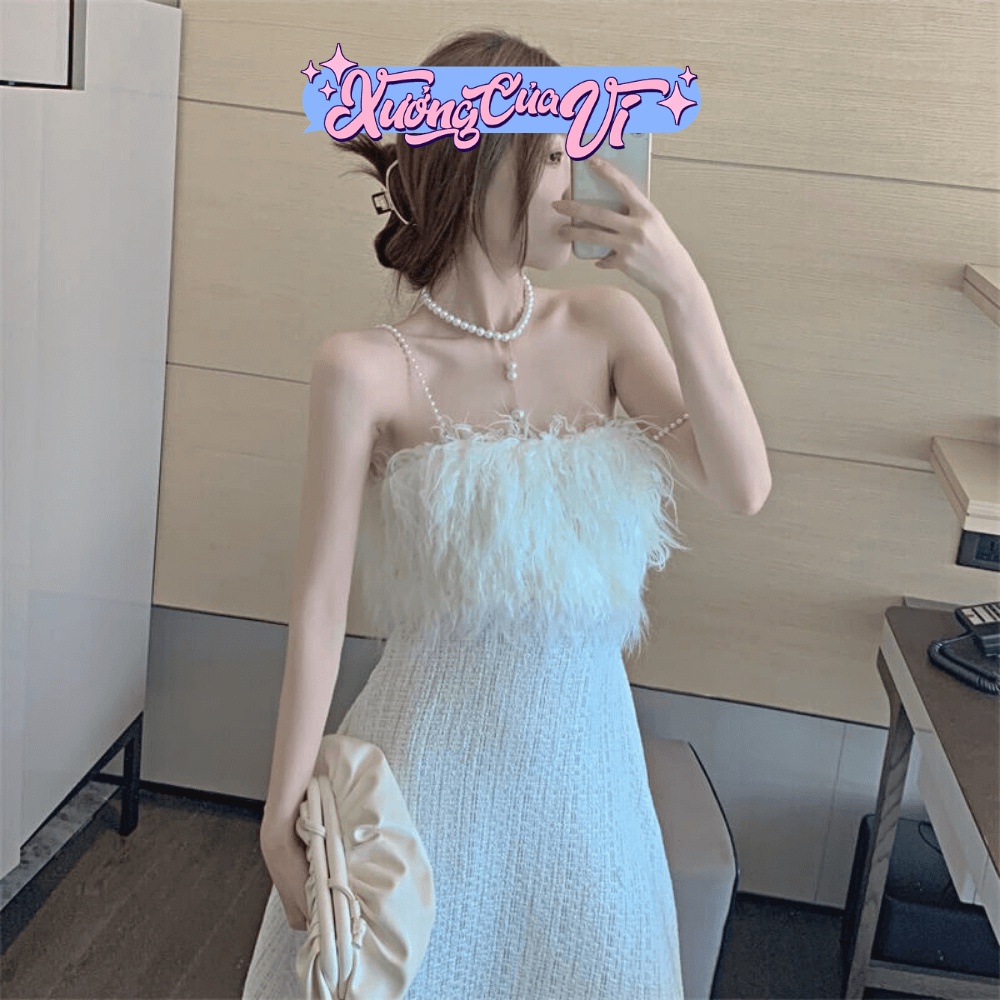✧Ảnh/Video thật✧ Đầm dài hai dây dự tiệc vải dạ tweed trắng kim tuyến dáng xoè công chúa DD001 Xưởng Của Vi