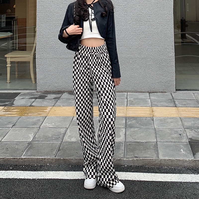 SUXI Quần ống rộng Họa Tiết Sọc Caro Phong Cách Retro Hàn Quốc Thời Trang Cho Nữ