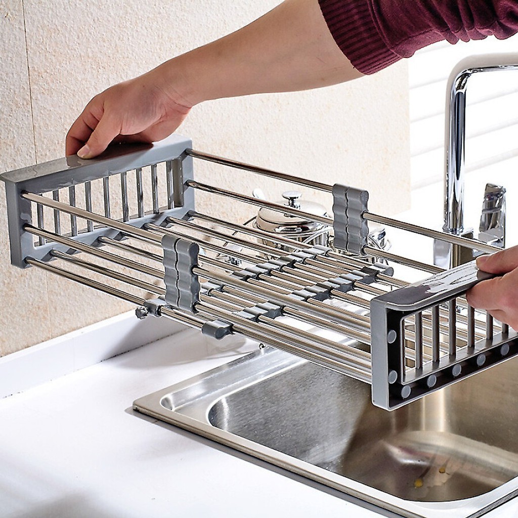 Kệ Inox Đựng Chén Bát Rau Củ Co Giãn Để Bồn Rửa Chén Tiện Dụng