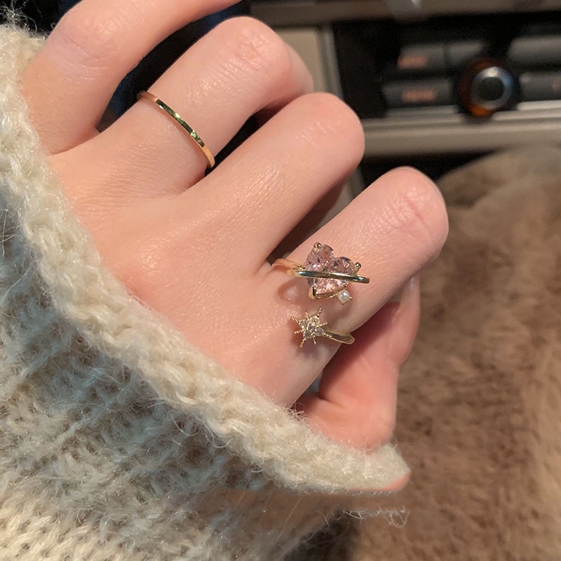 Nhẫn Hở Hình Trái Tim Đính Ngọc Trai Màu Hồng Phong Cách Hàn Quốc