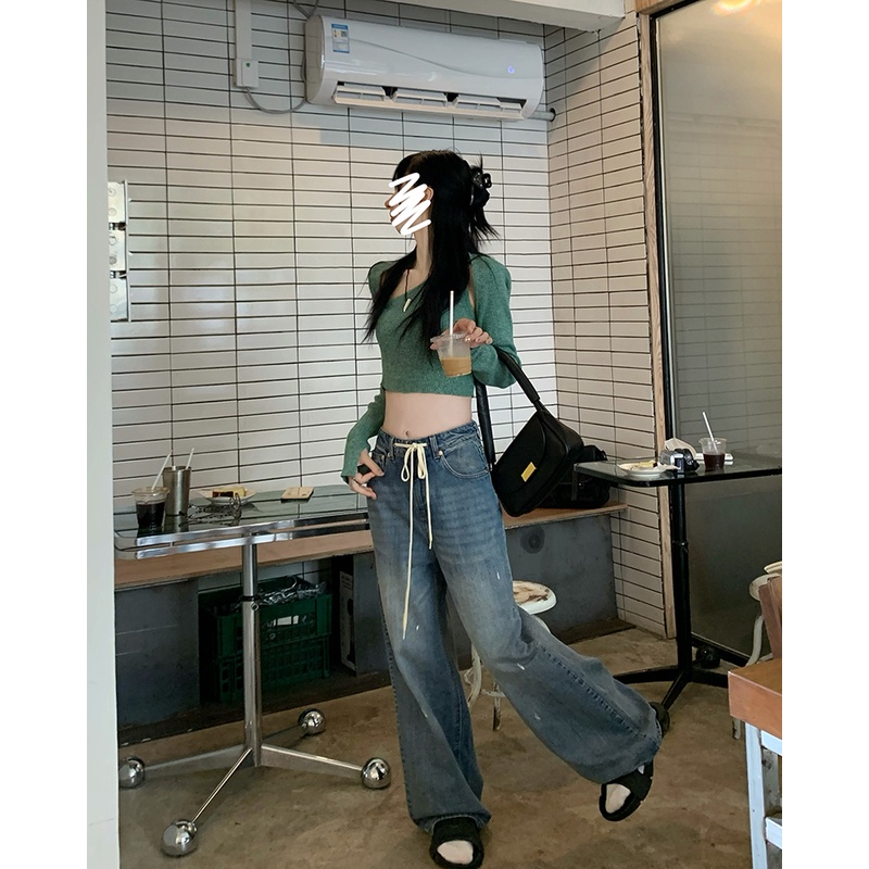 「MOTEL7」 Quần Jeans Ống Rộng Lưng Cao Dây Rút Phong Cách Retro Nhật Bản Thường Ngày | BigBuy360 - bigbuy360.vn