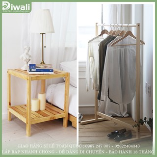 Diwali - combo 1 kệ đơn treo quần áo + 1 kệ tab đầu gường đa năng - kệ treo quần áo bằng gỗ hcm