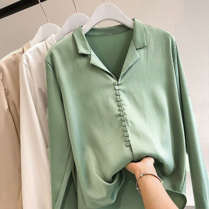 Áo sơ mi cổ chữ V dáng rộng màu trơn thanh lịch cho nữ