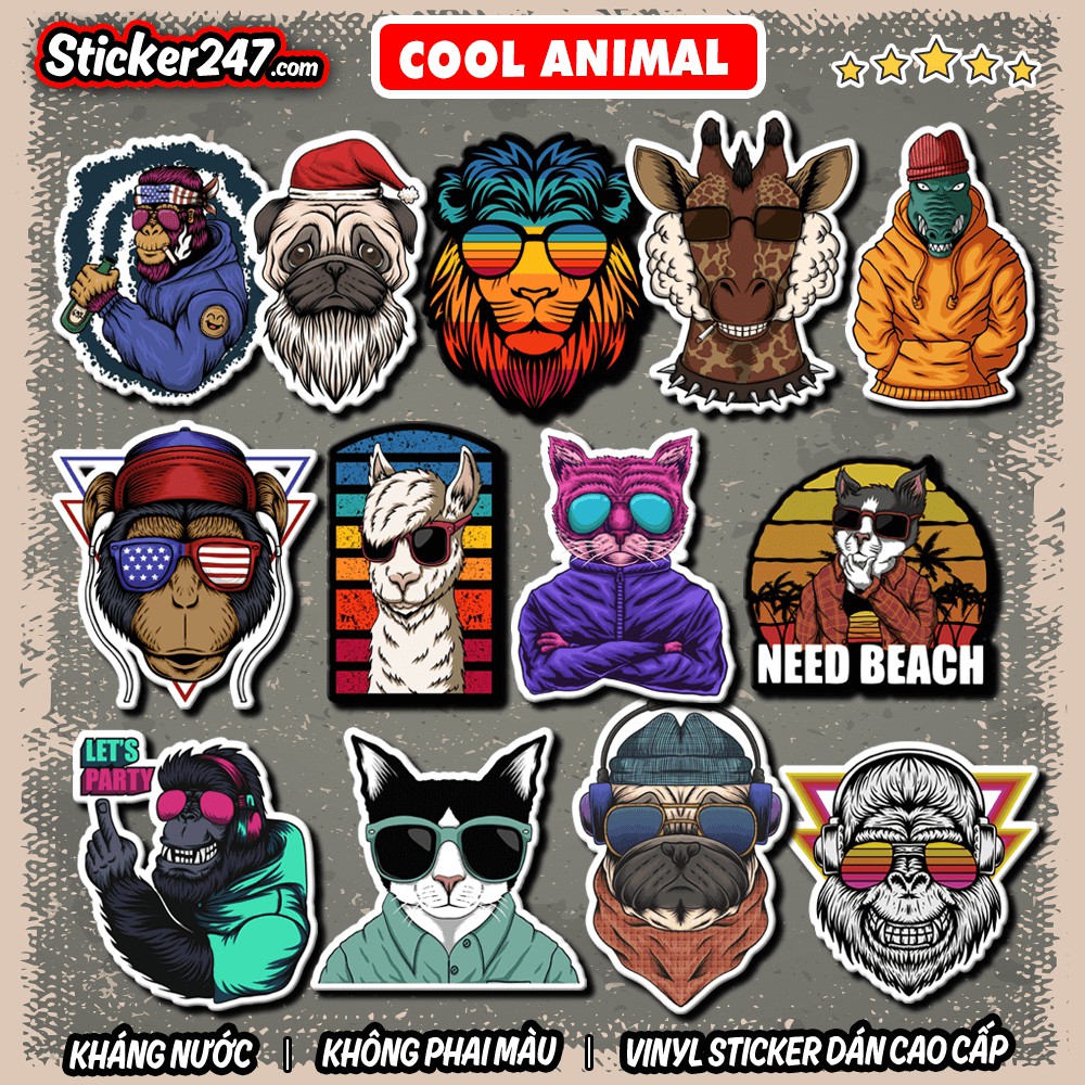 Sticker Cool Animal chất ngầu 𝑭𝒓𝒆𝒆𝒔𝒉𝒊𝒑 decal hình dán laptop, điện thoại, đàn guitar, mũ bảo hiểm, vali, ipad