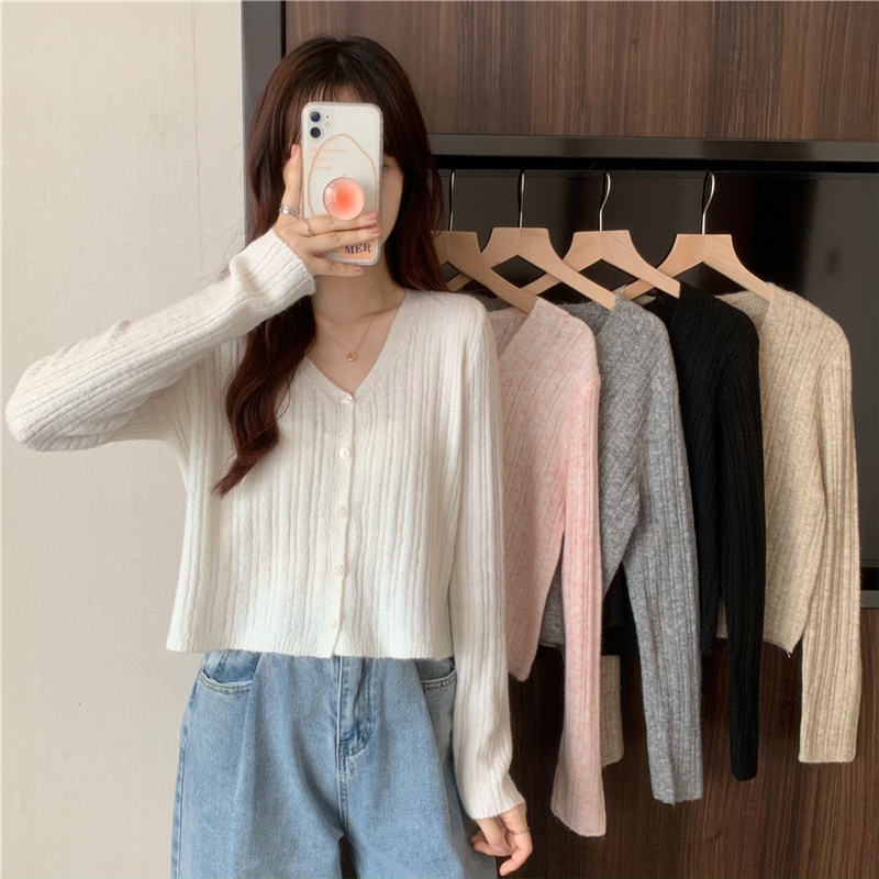 Women's Korean Fashion Slim V-neck Long Sleeve Sweater Cardigan