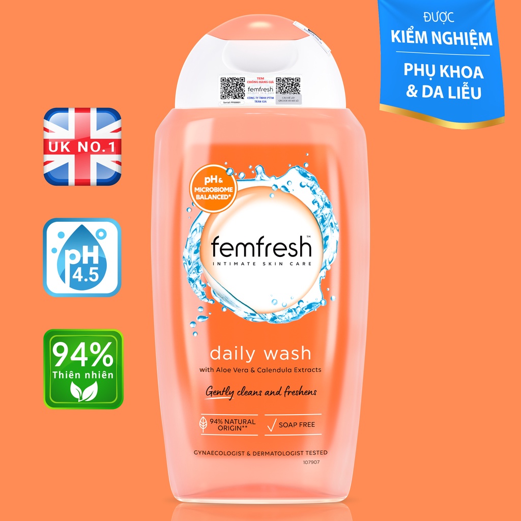 Femfresh Daily Wash (Màu Cam) - Dung Dịch Vệ Sinh Phụ Nữ, Dưỡng Ẩm, Khử Mùi, Dịu Nhẹ (Chai 250ml) [Chính Hãng Anh UK]