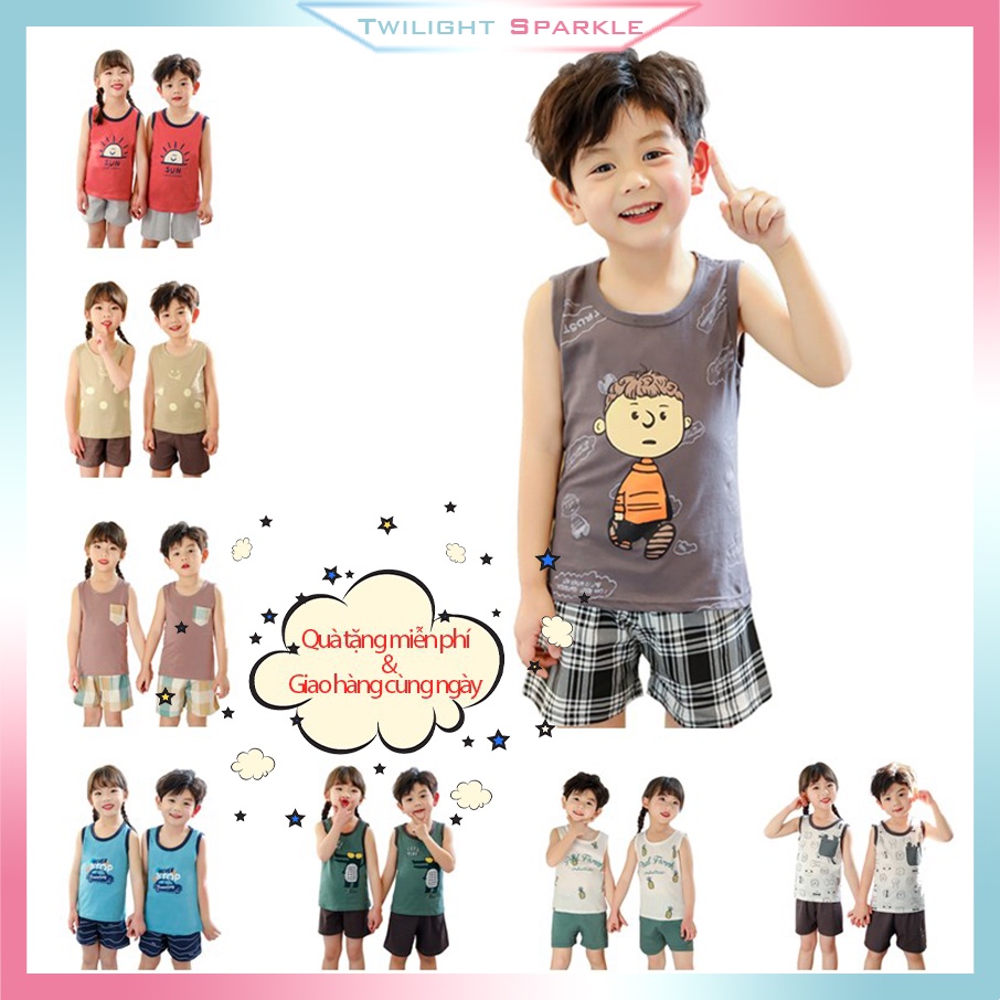 Bộ áo thun cotton sát nách + quần short phong cách thời trang mùa hè năng động cho bé