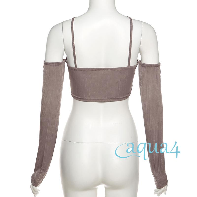 Áo Croptop Cổ Yếm Tay Dài Màu Sắc Trơn Thiết Kế Thắt Nút Độc Đáo Thời Trang Cho Nữ