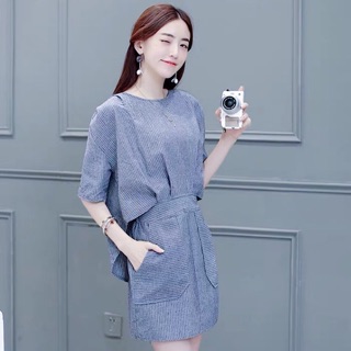 Đầm sọc linen giả set