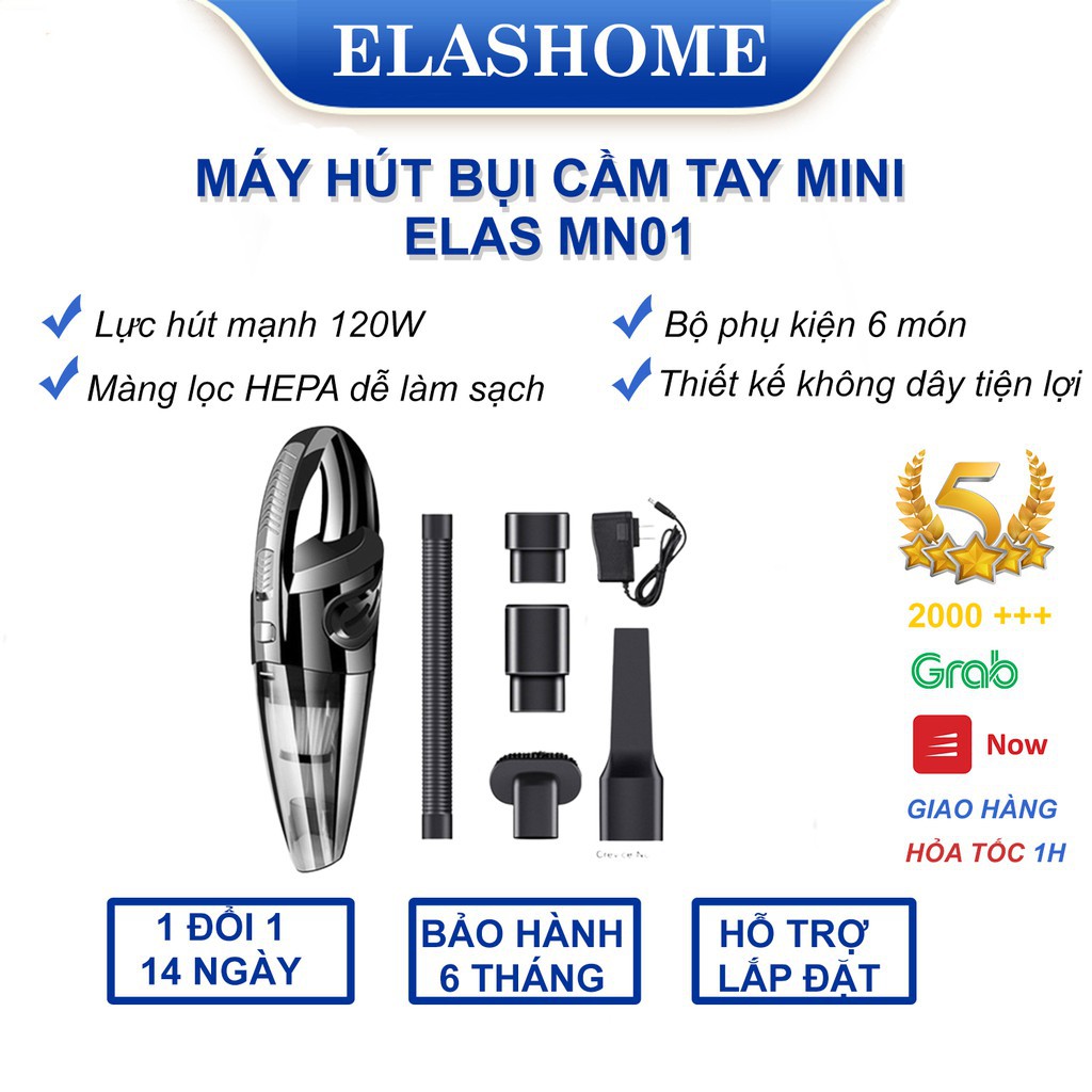 Máy hút bụi ô tô xe hơi cầm tay máy hút bụi mini không dây đa năng cao cấp Elashome HB01