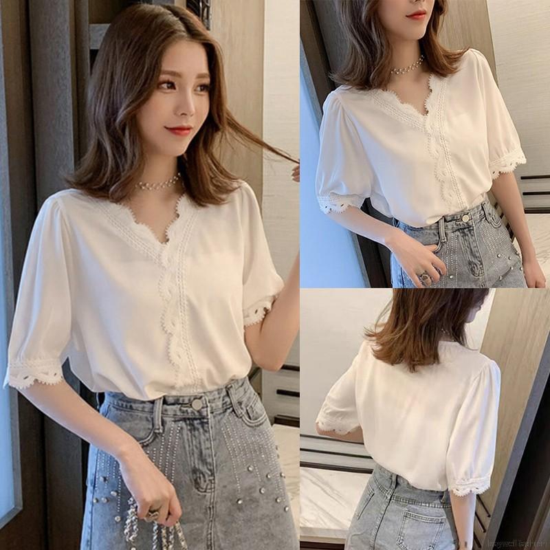 [Baywellfashion]Fashion Lace Hollow Out Sweet Loose White Women's V-Neck Blouse