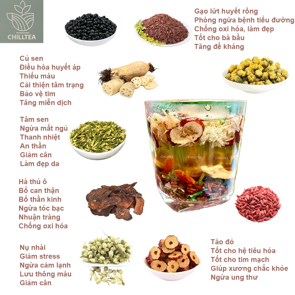 Trà Gạo Lứt Củ Sen Thực Dưỡng Chilltea, Trà Gạo Lứt Đậu Đen, Hoa Cúc, Củ Sen Dưỡng Sinh, An Thần, Đẹp Da 1 Set Nấu 500Ml | BigBuy360 - bigbuy360.vn