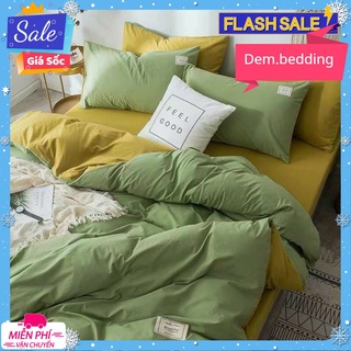 Bộ Chăn Ga Gối cotton Tici Màu,đủ kích thước-màu xanh lá phối vàng