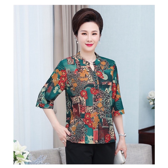 Áo trung niên nữ cho bà cho mẹ ATN001 sơ mi cổ trụ phối cúc in hoạ tiết chất liệu thun thông hơi mát mềm mịn