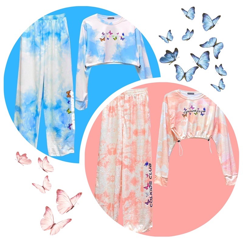 Áo CropTop Tay Dài Loang 3D Bướm Phản Quang_Nguyên Set Loang 3D Ảnh-Clip Thật 100%