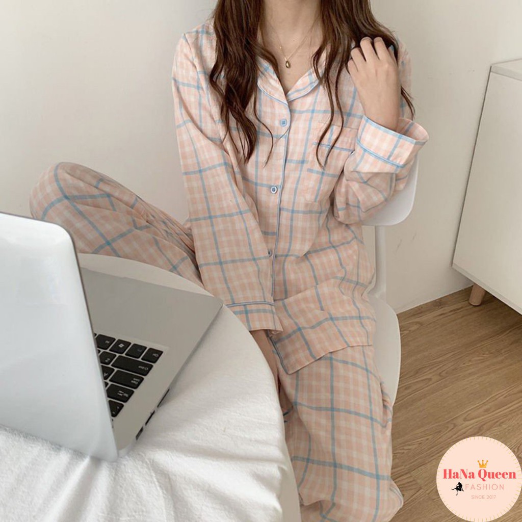 [Sẵn Hàng] Bộ đồ ngủ Pijama cotton thô dài tay họa tiết kẻ phong cách Hàn Quốc