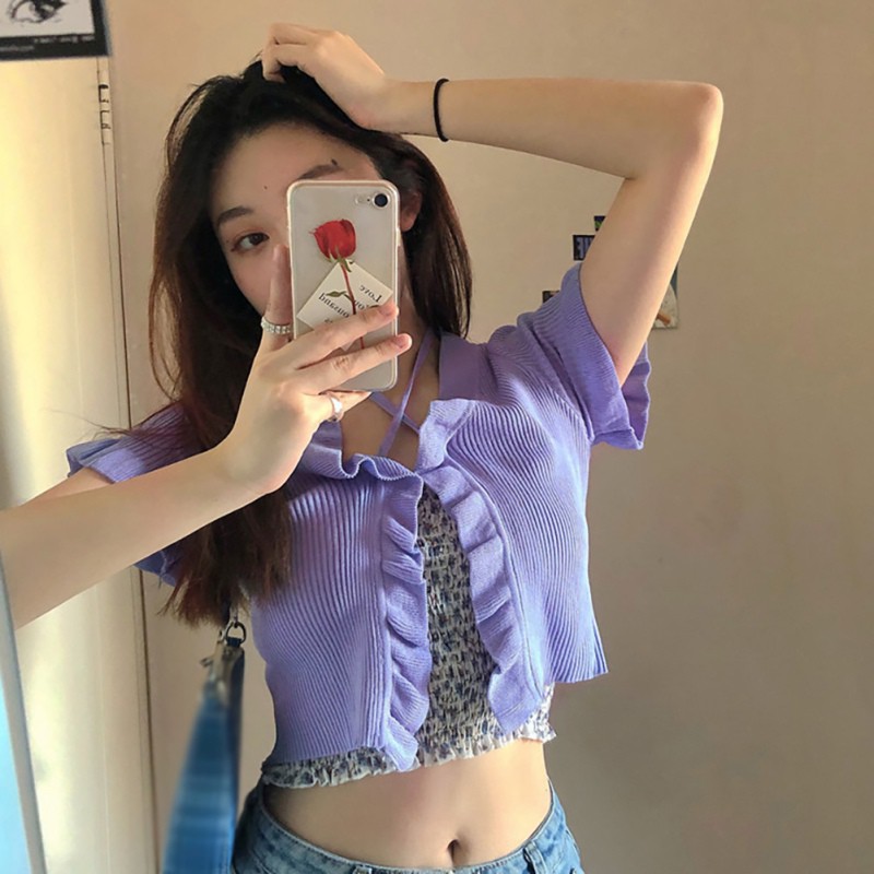 Áo dệt kim tay ngắn phong cách Hàn Quốc cho nữ