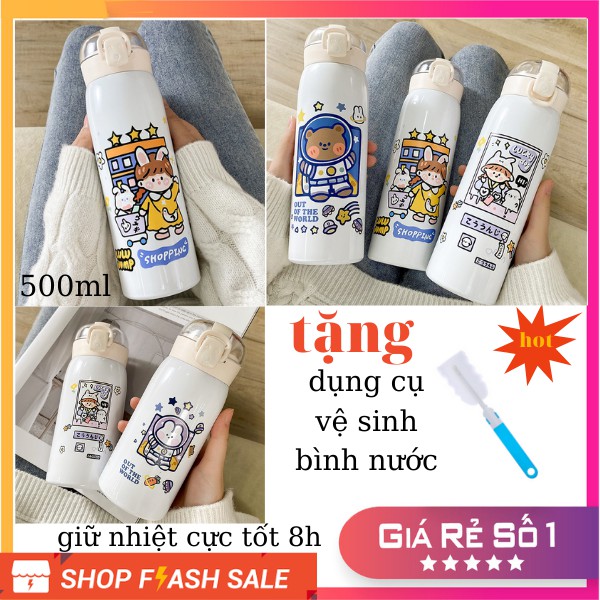 Bình giữ nhiệt INOX 304 dung tích 500ml họa tiết dễ thương có ống hút