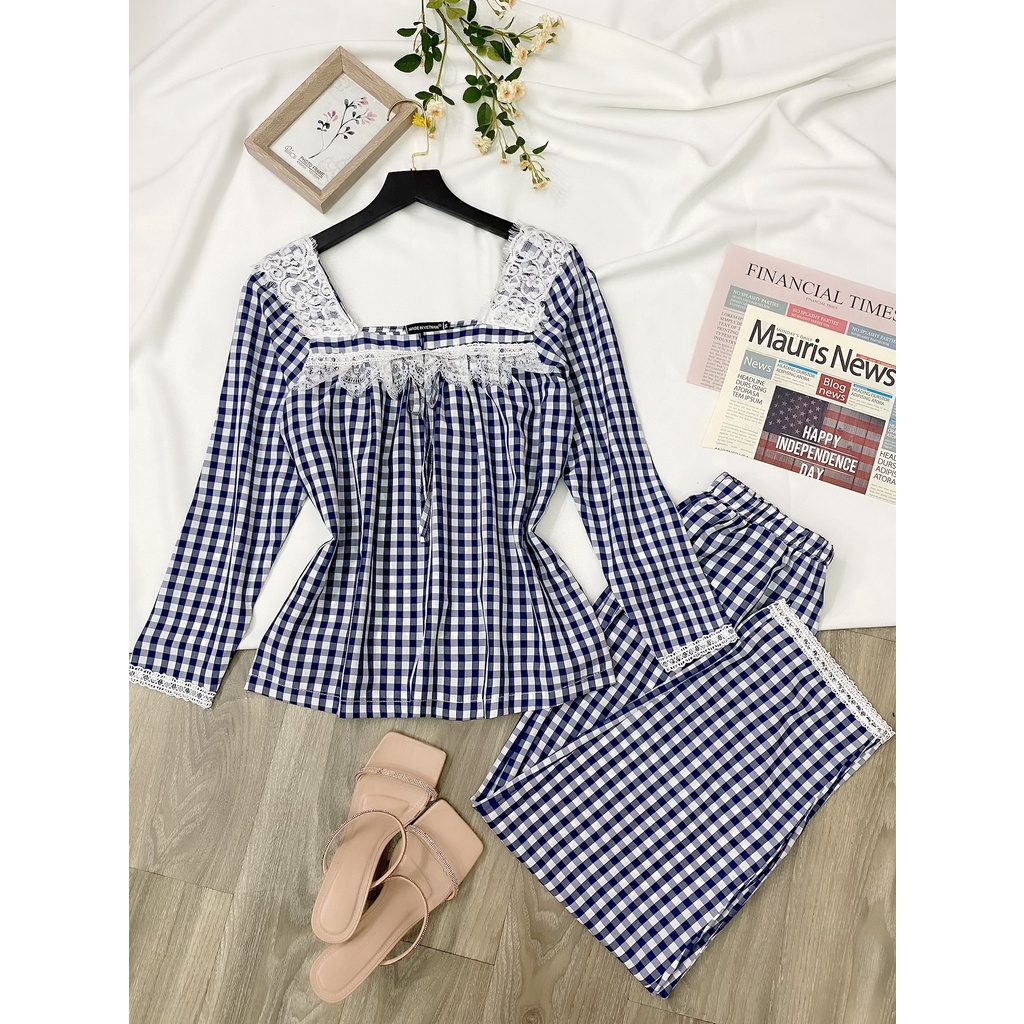 Đồ bộ nữ Bigsize thu đông, set caro áo tay dài quần dài phối viền ren cực xinh xắn dành cho nàng béo 55-90kg